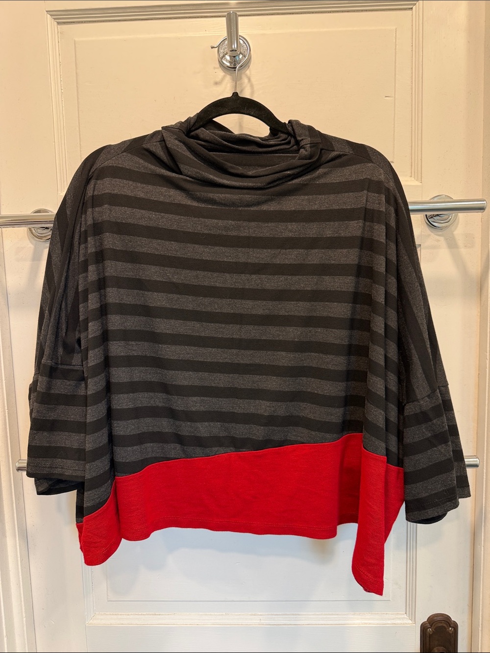 Alembika Striped Black & Gray Top with Asymmetrical Red Hem